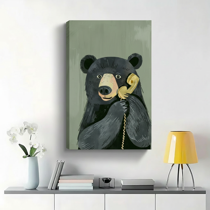 Black Bear Talking on Vintage Phone Wall Art - Funny Animal Canvas Print|W1442