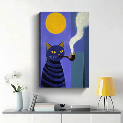 Blue Striped Cat Smoking Pipe Under Full Moon Wall Art - Bold Folk Art Canvas Print|W1423