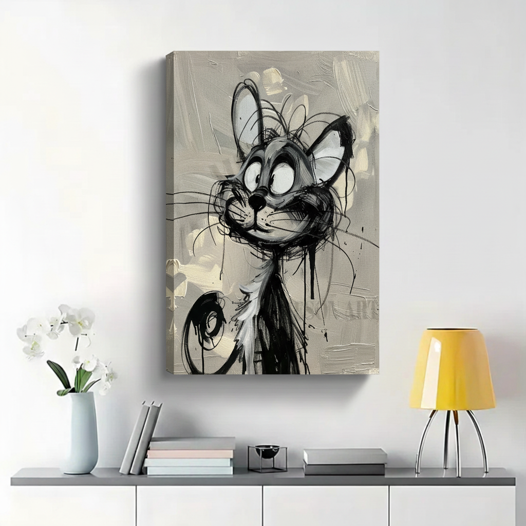 Graffiti Style Crazy Cat Wall Art - Black and White Expressive Canvas Print|W1417