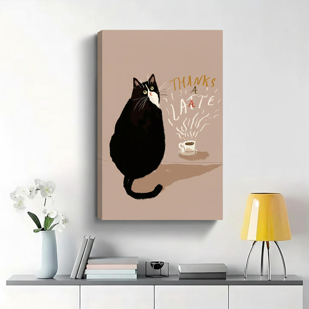 Thanks a Latte Tuxedo Cat Wall Art - Funny Coffee Cat Canvas Print|W1415