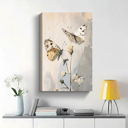 Two White Butterflies on Wildflowers Wall Art - Minimalist Textured Oil Painting Canvas Print|W1420