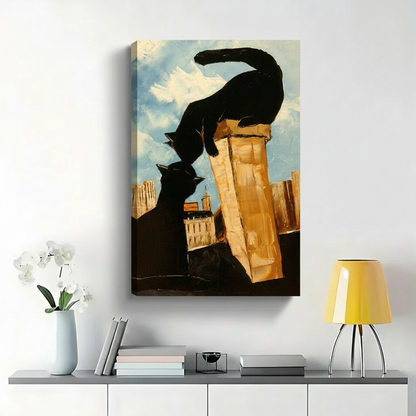 Two Black Cats Meeting on City Rooftop Wall Art - Romantic Textured Oil Painting Canvas Print|W1425