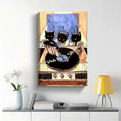 Cool Cats DJing Vinyl Record Wall Art - Jazz Cat Watercolor Canvas Print|W1419
