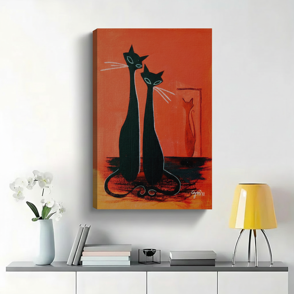 Two Sleek Black Cats with Mirror Reflection Wall Art - Mid-Century Modern Retro Canvas Print|W1422
