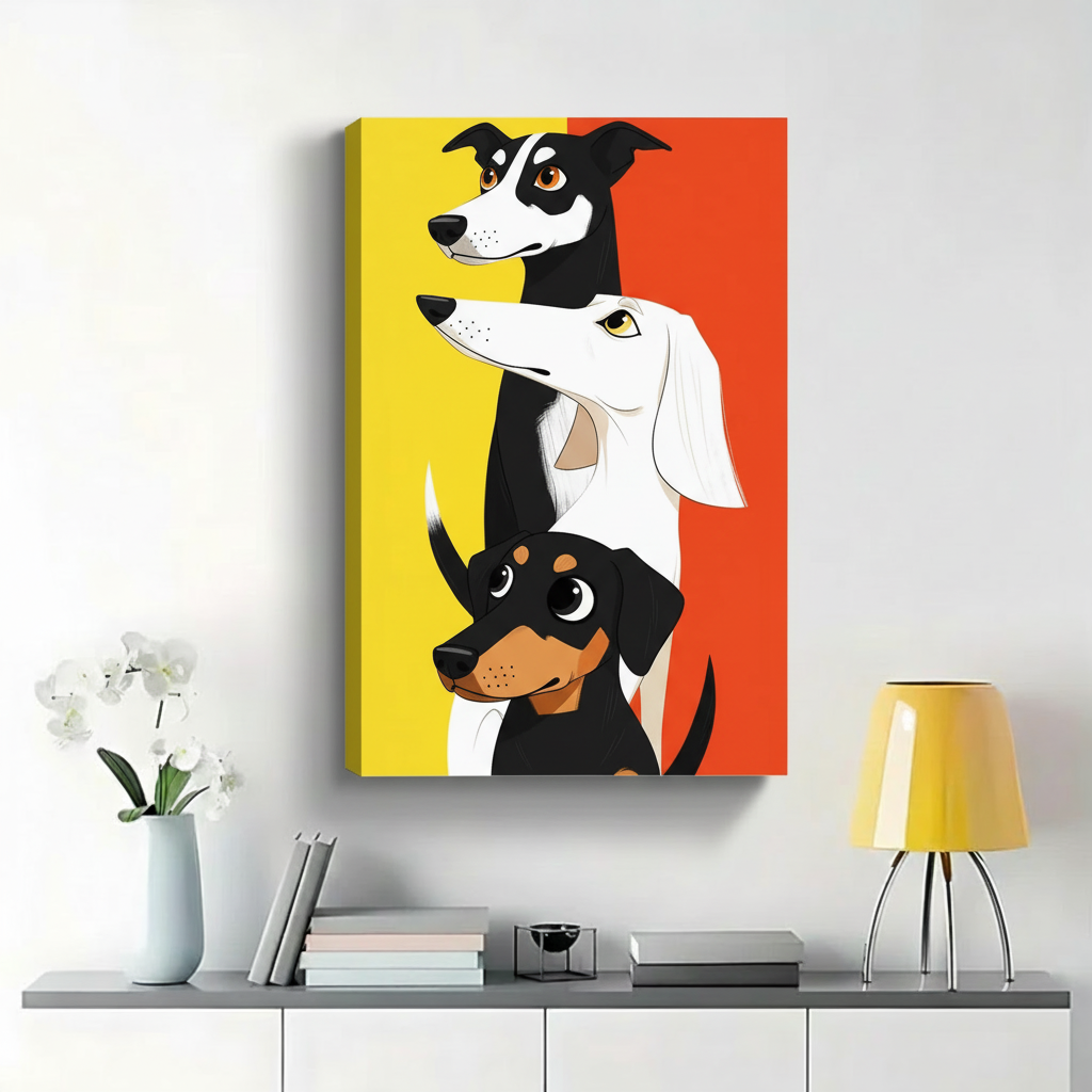 Three Dogs Portrait Stack Wall Art - Colorful Pop Art Illustrated Canvas Print|W1424