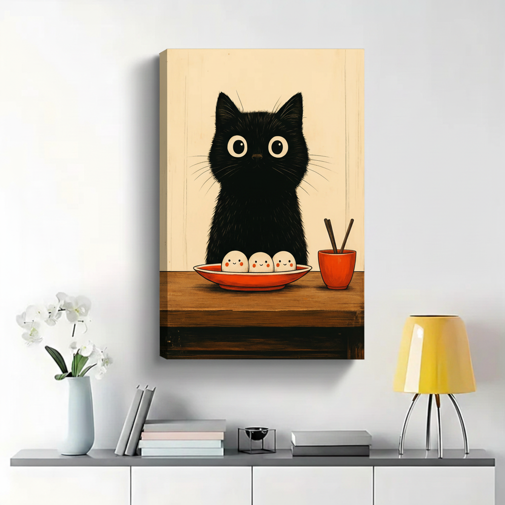 Black Cat with Smiling Dumplings Wall Art - Japanese Woodblock Style Canvas Print|W1385