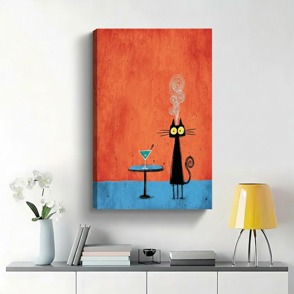 Black Cat with Martini Wall Art – Retro Mid-Century Canvas|W1457