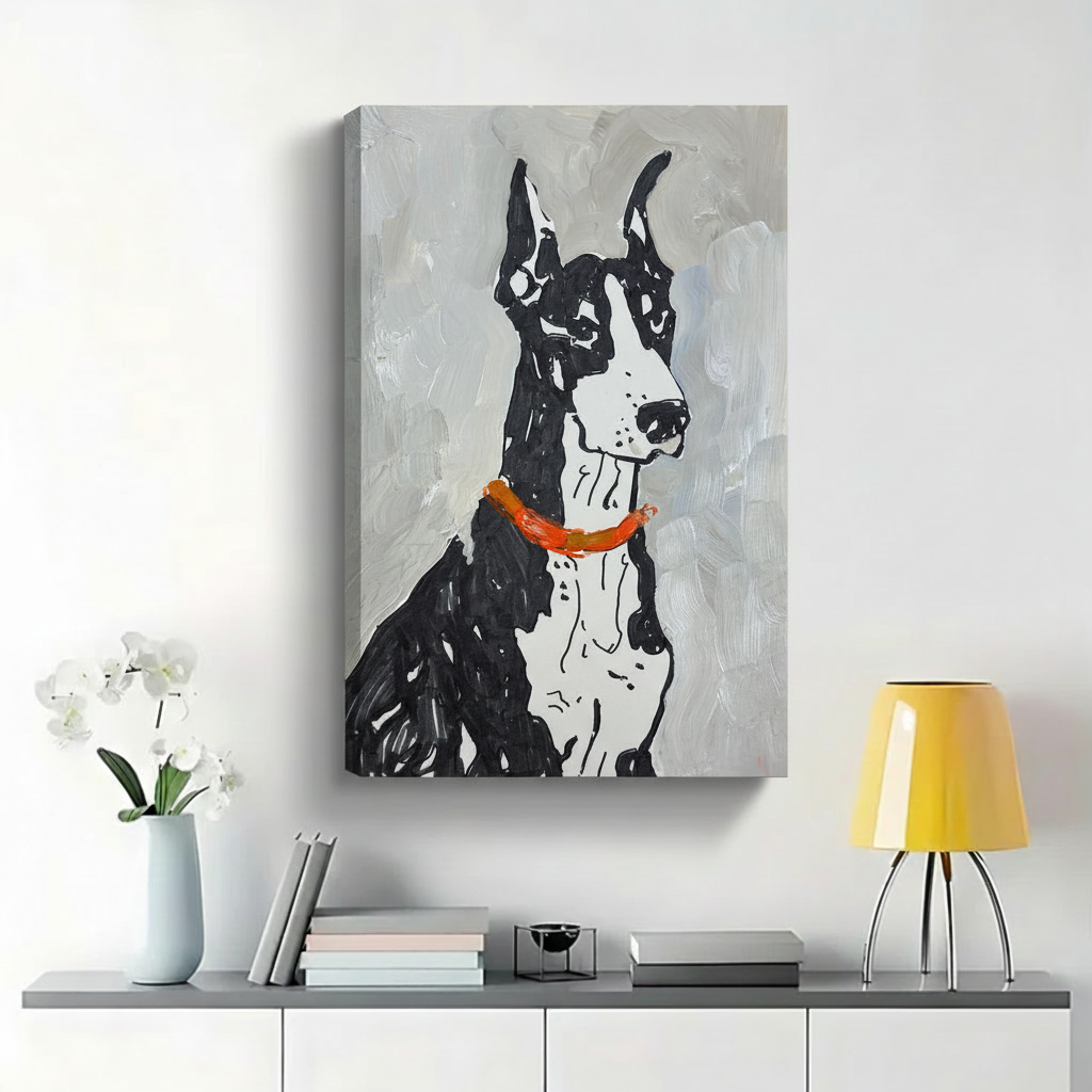 Doberman Portrait with Orange Collar Wall Art - Expressive Textured Oil Painting Canvas Print|W1445