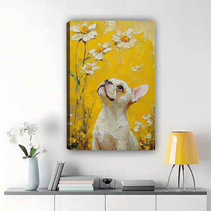 French Bulldog with Daisies Wall Art - Yellow Oil Painting Canvas Print|W1352