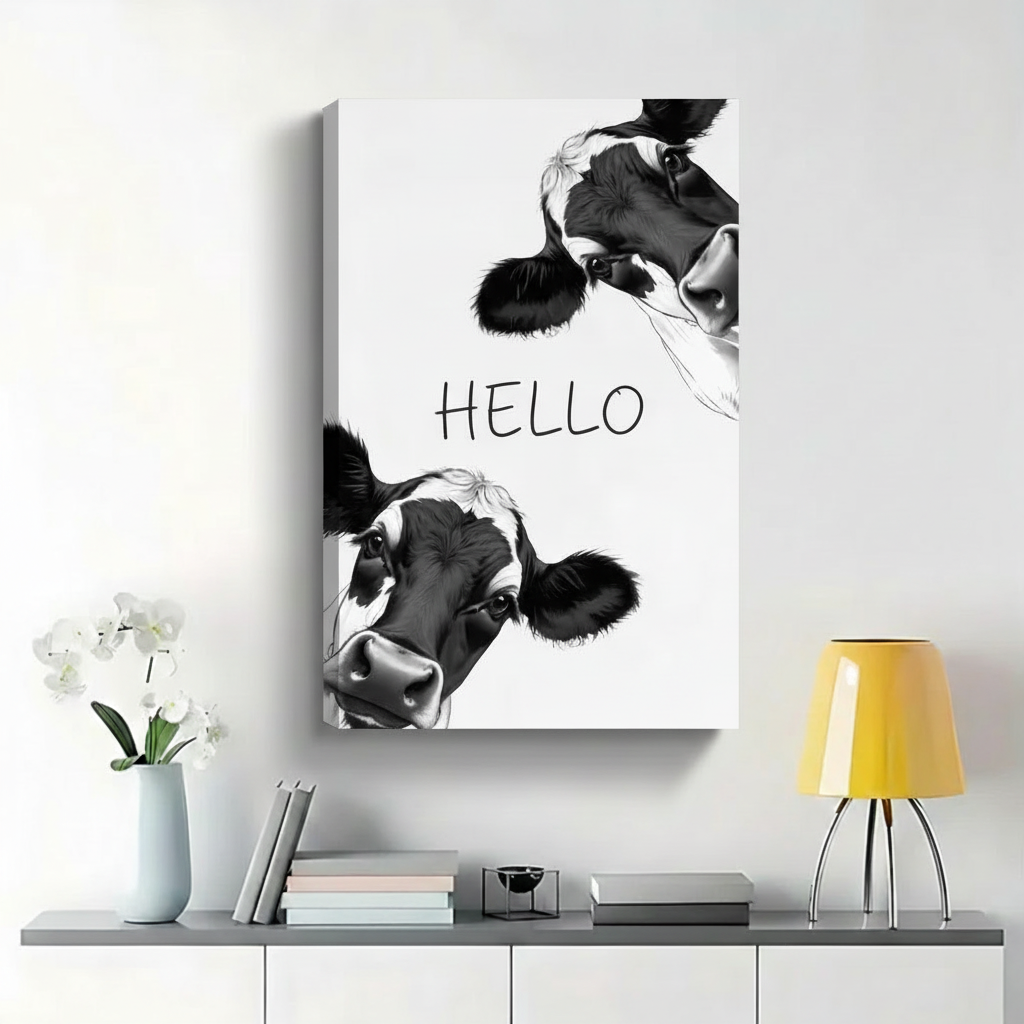 Funny Cow "Hello" Framed Wall Art, Farmhouse Decor|W1436