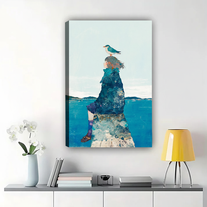 Girl on Rock with Seagull Wall Art - Dreamy Ocean Canvas Print|W1367