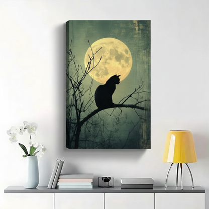Black Cat Silhouette on Branch Under Full Moon Wall Art - Gothic Canvas Print|W1373