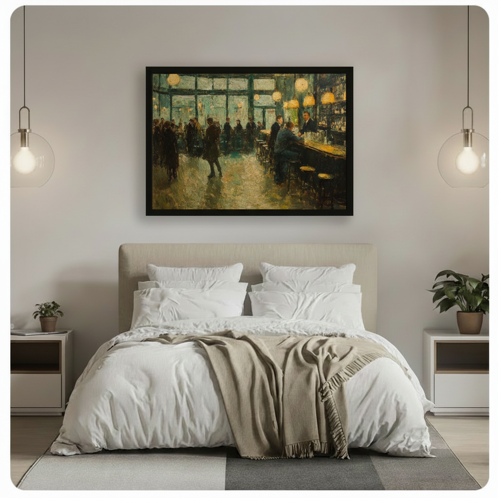 Framed impressionist oil painting bustling vintage bar interior at night with crowd of figures bartender and glowing golden pendant lamps on deep teal green background canvas print above white bed in minimalist bedroom with glass globe pendant lights - atmospheric nightlife bar scene wall art with moody emerald palette for contemporary bedroom decor