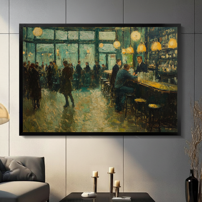Framed impressionist oil painting bustling vintage bar interior at night with crowd of figures bartender and glowing golden pendant lamps on deep teal green background canvas print on dark grey tile wall in modern living room - atmospheric nightlife bar scene wall art with moody emerald palette for contemporary home decor