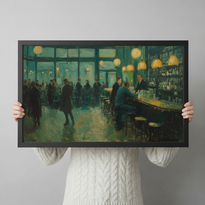 Person holding large framed impressionist oil painting bustling vintage bar interior at night with crowd of figures bartender and glowing golden pendant lamps on deep teal green background canvas print with both hands - close up view of atmospheric nightlife bar scene wall art with moody emerald palette and black frame finish