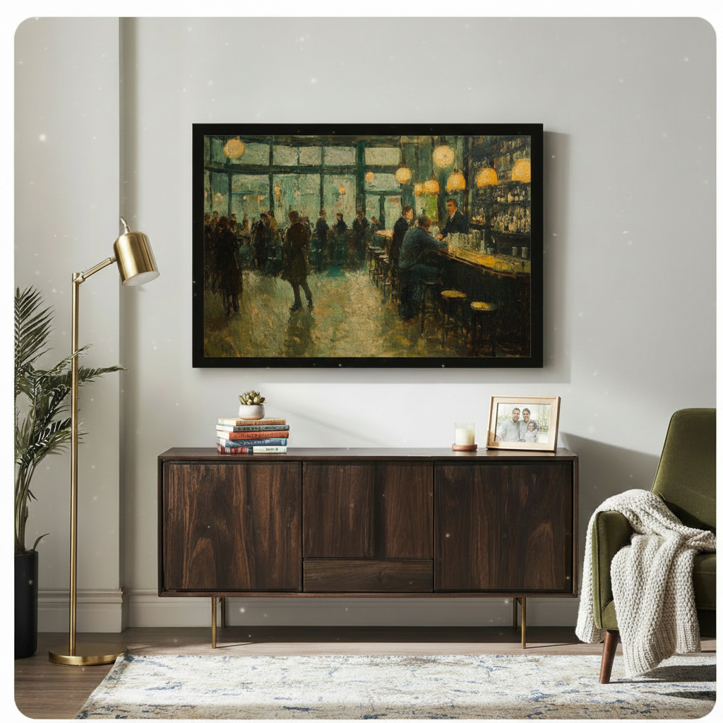 Framed impressionist oil painting lively vintage saloon interior at night with silhouetted crowd warm amber pendant lights and bartender behind long counter on deep teal green background canvas print above dark walnut sideboard on light grey wall with gold floor lamp and olive green armchair - evocative nightlife bar scene wall art with moody emerald palette for stylish modern living room decor