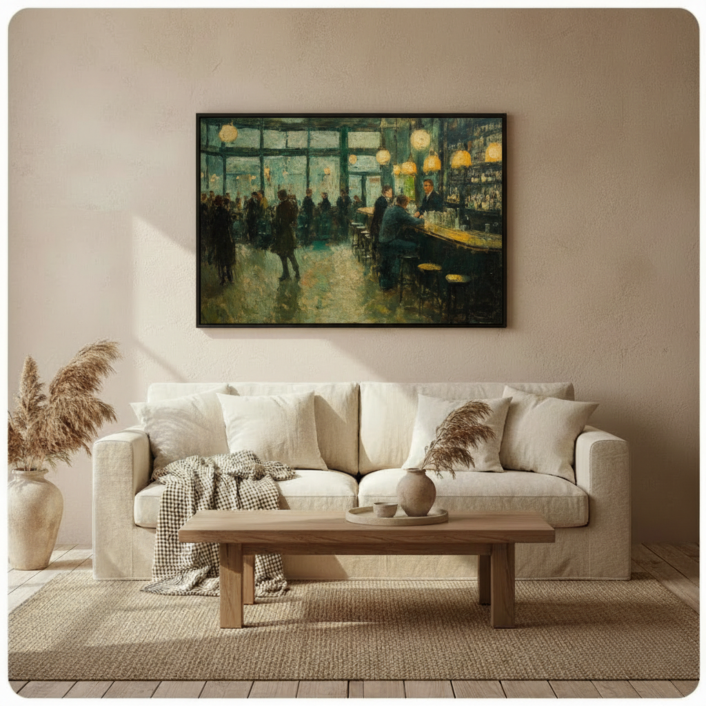 Framed impressionist oil painting lively vintage saloon interior at night with silhouetted crowd warm amber pendant lights and bartender behind long counter on deep teal green background canvas print above cream sofa on warm off-white wall - evocative nightlife bar scene wall art with moody emerald palette for cozy Scandinavian living room decor