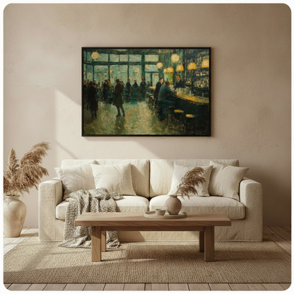 Framed impressionist oil painting lively vintage saloon interior at night with silhouetted crowd warm amber pendant lights and bartender behind long counter on deep teal green background canvas print above cream sofa on warm off-white wall - evocative nightlife bar scene wall art with moody emerald palette for cozy Scandinavian living room decor