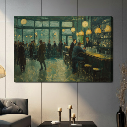 Unframed impressionist oil painting lively vintage saloon interior at night with silhouetted crowd warm amber pendant lights and bartender behind long counter on deep teal green background canvas print on dark grey tile wall in contemporary living room - evocative nightlife bar scene wall art with moody emerald palette for modern interior decor