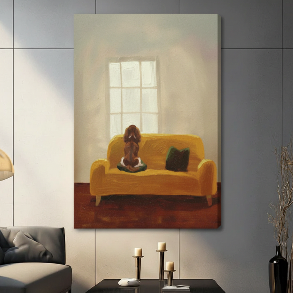 Cavalier King Charles Spaniel sitting on sofa impressionist canvas wall art — rich amber brushwork
