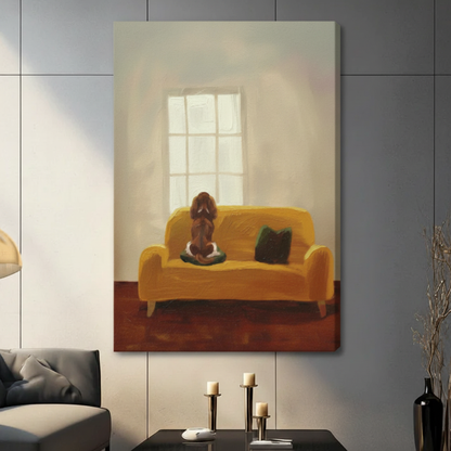 Cavalier King Charles Spaniel sitting on sofa impressionist canvas wall art — rich amber brushwork