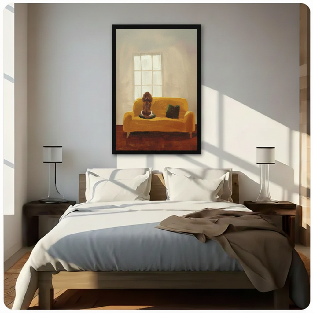 Impressionist dog on sofa canvas art with classic black wood frame — ready to hang wall decor