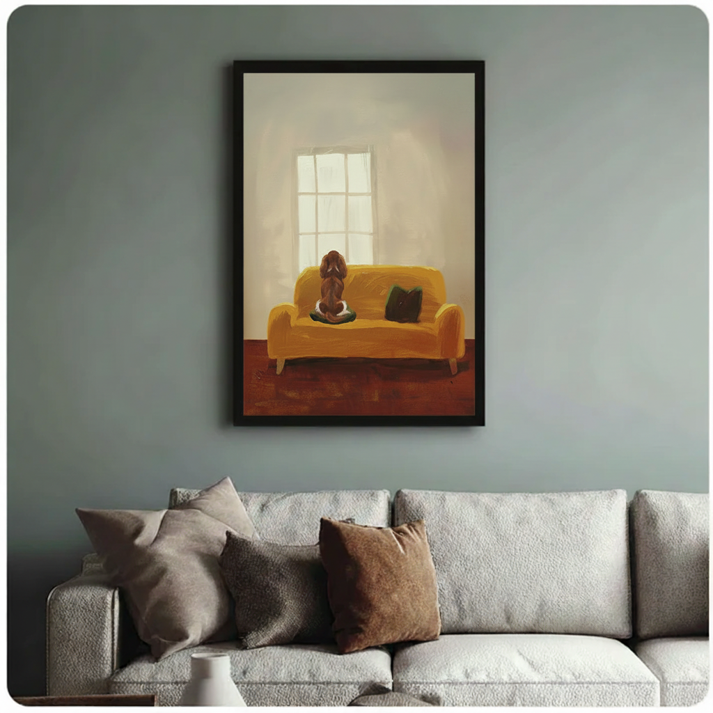 Dog gazing out window impressionist framed canvas art — soft morning light oil painting style