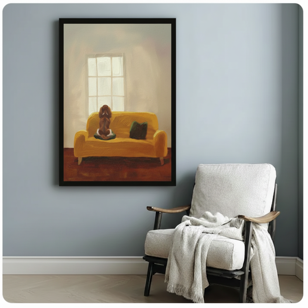 Framed impressionist dog on sofa canvas art displayed in warm living room interior