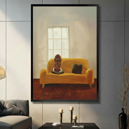 Impressionist dog on sofa framed canvas art — warm oil painting style with golden yellow tones