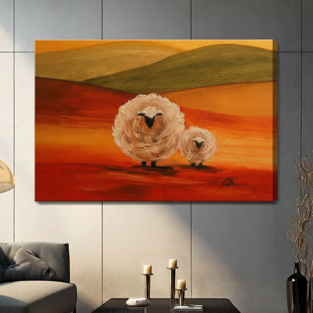 Stretched canvas impressionist fluffy sheep duo at sunset wall art featuring a large fluffy round white sheep and a smaller companion lamb on a sweeping vivid red-orange landscape with layered olive green rolling hills and a warm golden amber sky in expressive bold oil-paint brushstroke style, hung on a gray panel wall above a dark gray sofa