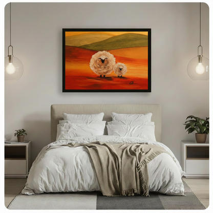 Black framed impressionist fluffy sheep duo at sunset canvas art with a large round fluffy white sheep and a smaller lamb standing on a vivid red-orange rolling landscape beneath layered olive green hills and a warm golden amber sky in bold oil-paint style, hung above a light gray upholstered bed with white linen bedding and glass globe pendant lights
