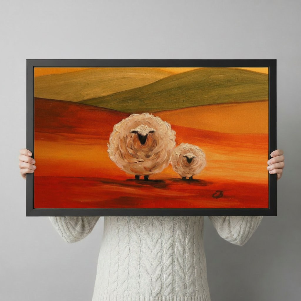 Hands holding a large horizontal black framed impressionist fluffy sheep duo at sunset canvas art print with a round woolly white sheep and a smaller lamb on a vivid red-orange rolling landscape beneath olive green hills and a warm golden amber sky in bold expressive oil-paint style