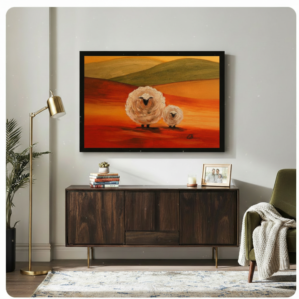 Black framed impressionist fluffy sheep duo at sunset canvas art showing a large round woolly white sheep and a smaller lamb on a sweeping vivid red-orange landscape with olive green rolling hills and a warm golden amber sky in expressive oil-paint style, displayed above a dark walnut sideboard with a gold floor lamp and olive green armchair