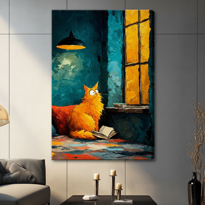 Orange fluffy cat with open book gallery wrap canvas wall art in bold impressionist oil painting style, frameless pet portrait with teal background and warm amber window glow in a contemporary living room with dark sofa and brass candle holders