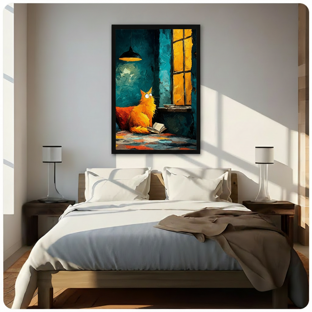 Black framed impressionist orange cat reading by lamplight art print above a bed with white linen bedding, a taupe throw blanket, dark walnut bed frame and nightstands, white cylindrical table lamps in a sunlit modern bedroom
