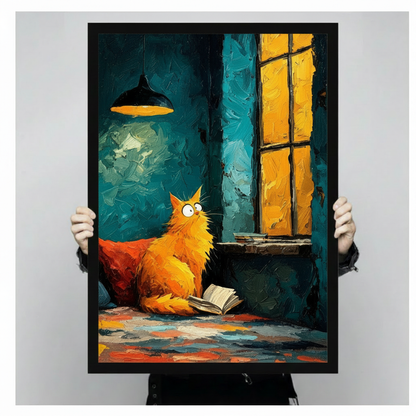 Impressionist orange cat and open book framed wall art in a wide deep black frame held up against a light gray backdrop, bold oil painting style pet portrait with vibrant teal and golden amber palette