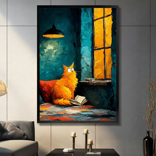 Framed impressionist orange cat reading by a window wall art in a deep black frame, bold oil painting style with teal and amber tones displayed in a modern living room with dark gray sofa, candle holders and black ceramic vase