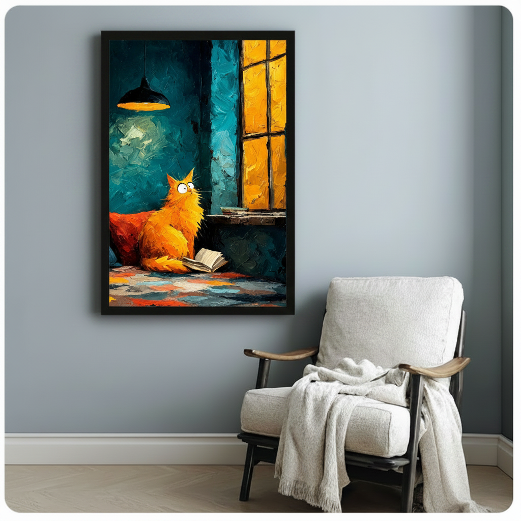 Black framed impressionist orange fluffy cat with open book oil painting wall art hanging above a white wooden armchair with a draped linen throw blanket against a soft blue-gray wall