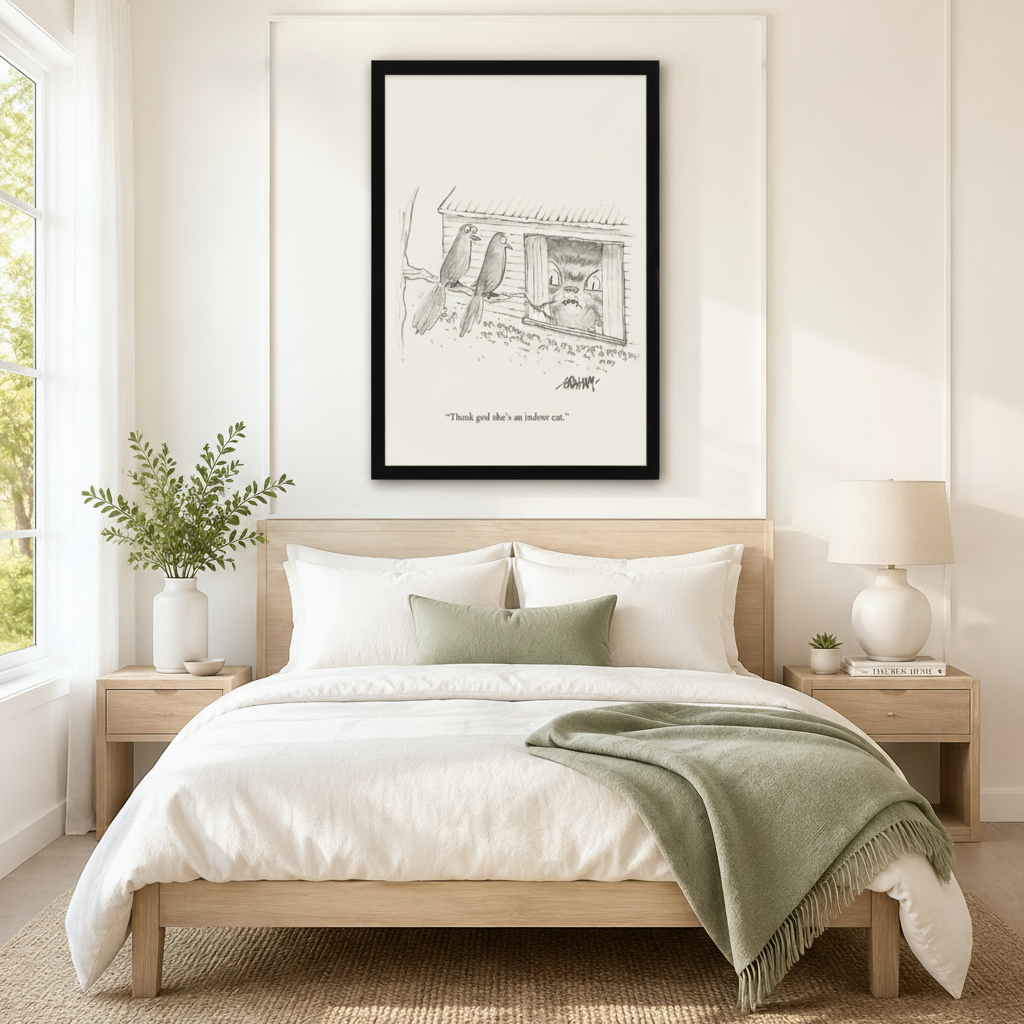 Black framed New Yorker style indoor cat and bird window humor cartoon wall art print centered above bed as witty statement decor in Scandinavian bedroom