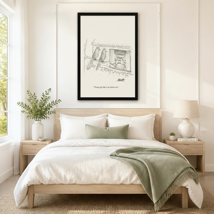 Black framed New Yorker style indoor cat and bird window humor cartoon wall art print centered above bed as witty statement decor in Scandinavian bedroom