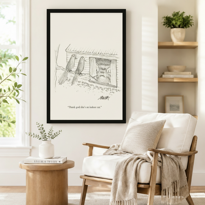 Black framed funny indoor cat and bird window cartoon pencil illustration print beside wood armchair in cozy Scandinavian reading corner