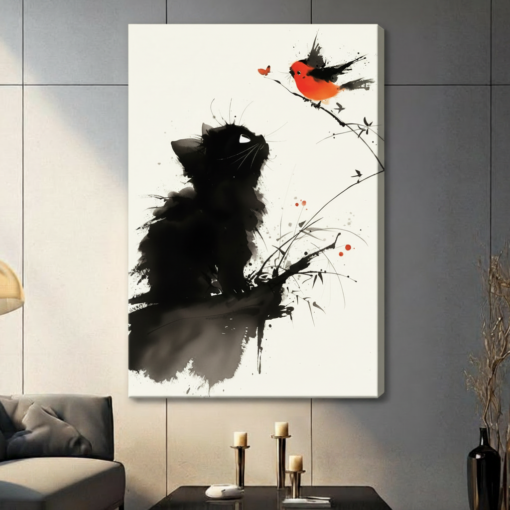 Chinese ink wash painting of a fluffy black kitten looking up at a red robin perched on an ink bamboo branch against a warm cream textured paper background minimalist cat wall art stretched canvas in a living room with dark gray panel wall dark sofa and black vase