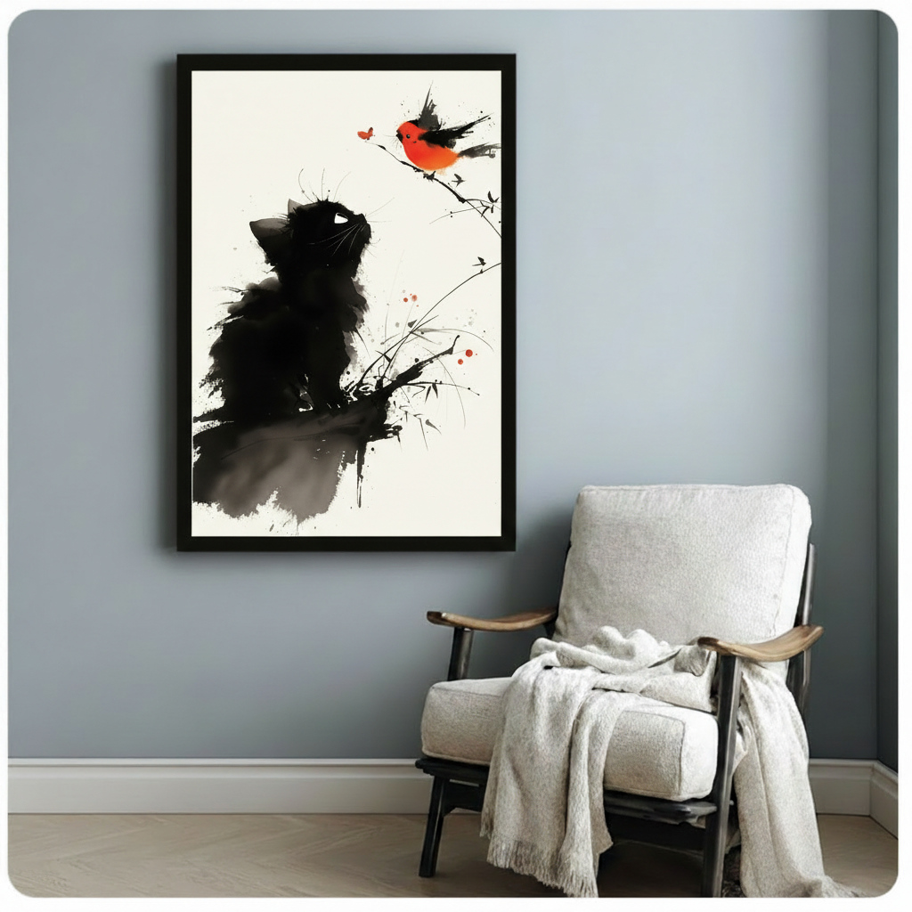 Chinese ink wash illustration of a round fluffy black kitten sitting and looking up at a small red bird on a bamboo twig against a warm cream background serene cat and bird wall art framed print beside a white linen armchair on a blue gray wall