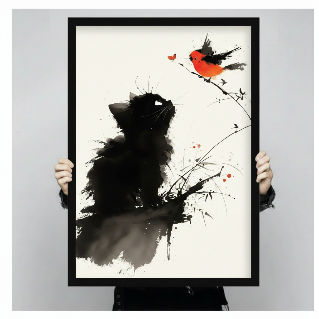 Chinese ink wash illustration of a fluffy black kitten gazing upward at a red-breasted bird perched on an ink-drawn bamboo branch against a warm cream paper background minimalist cat wall art framed print held against a light gray background