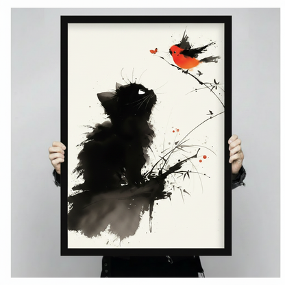 Chinese ink wash illustration of a fluffy black kitten gazing upward at a red-breasted bird perched on an ink-drawn bamboo branch against a warm cream paper background minimalist cat wall art framed print held against a light gray background
