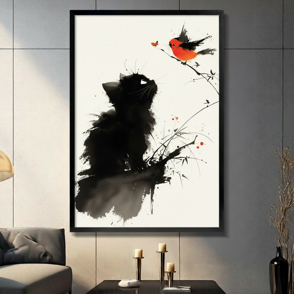Chinese ink wash illustration of a fluffy black kitten sitting and gazing up at a small red-breasted bird perched on a bamboo branch against a warm cream paper background elegant cat and bird wall art framed print in a living room with dark gray panel wall dark sofa and black vase
