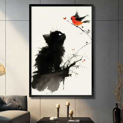 Chinese ink wash illustration of a fluffy black kitten sitting and gazing up at a small red-breasted bird perched on a bamboo branch against a warm cream paper background elegant cat and bird wall art framed print in a living room with dark gray panel wall dark sofa and black vase