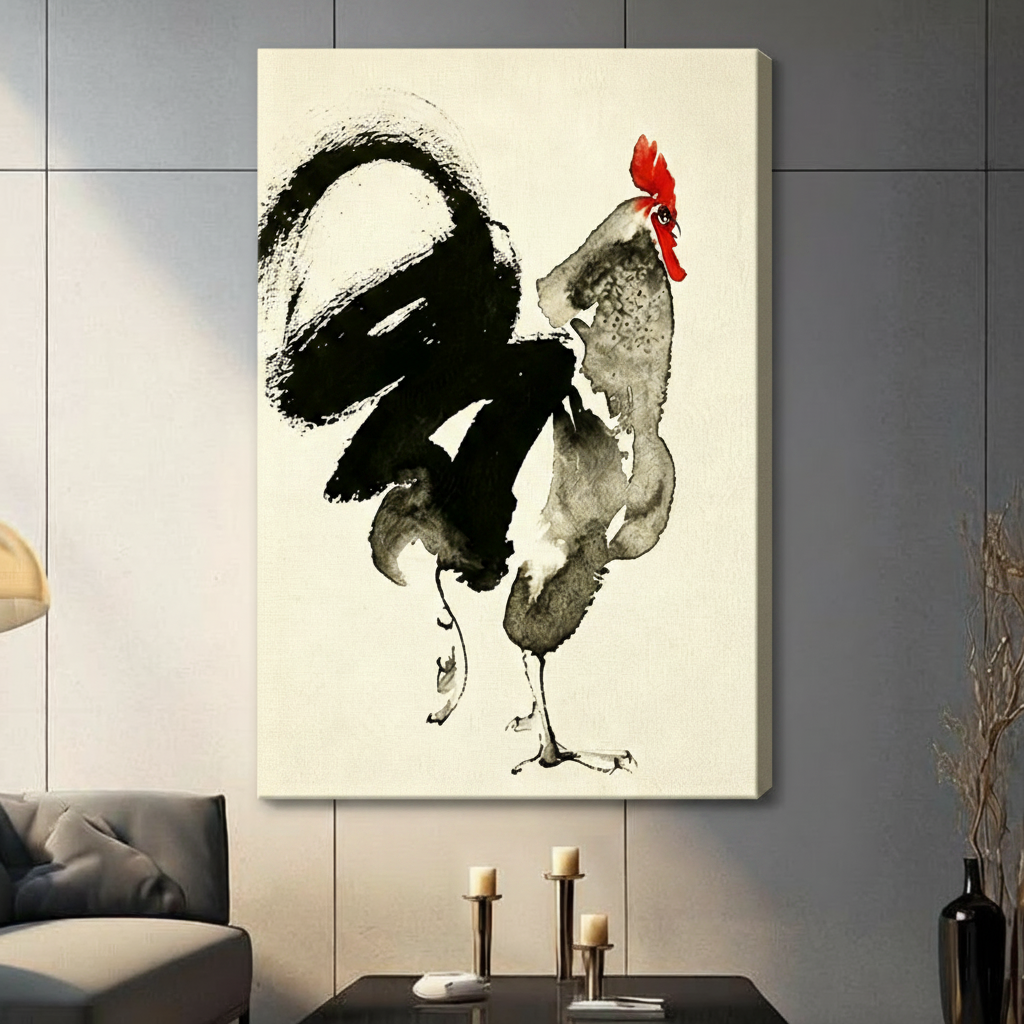 Gallery wrap stretched canvas of a majestic rooster painted in expressive Chinese ink wash style with sweeping black brushstroke wings bright red comb and wattle and delicate claw lines on a warm ivory rice paper texture hung frameless on a gray tile wall above a dark sofa