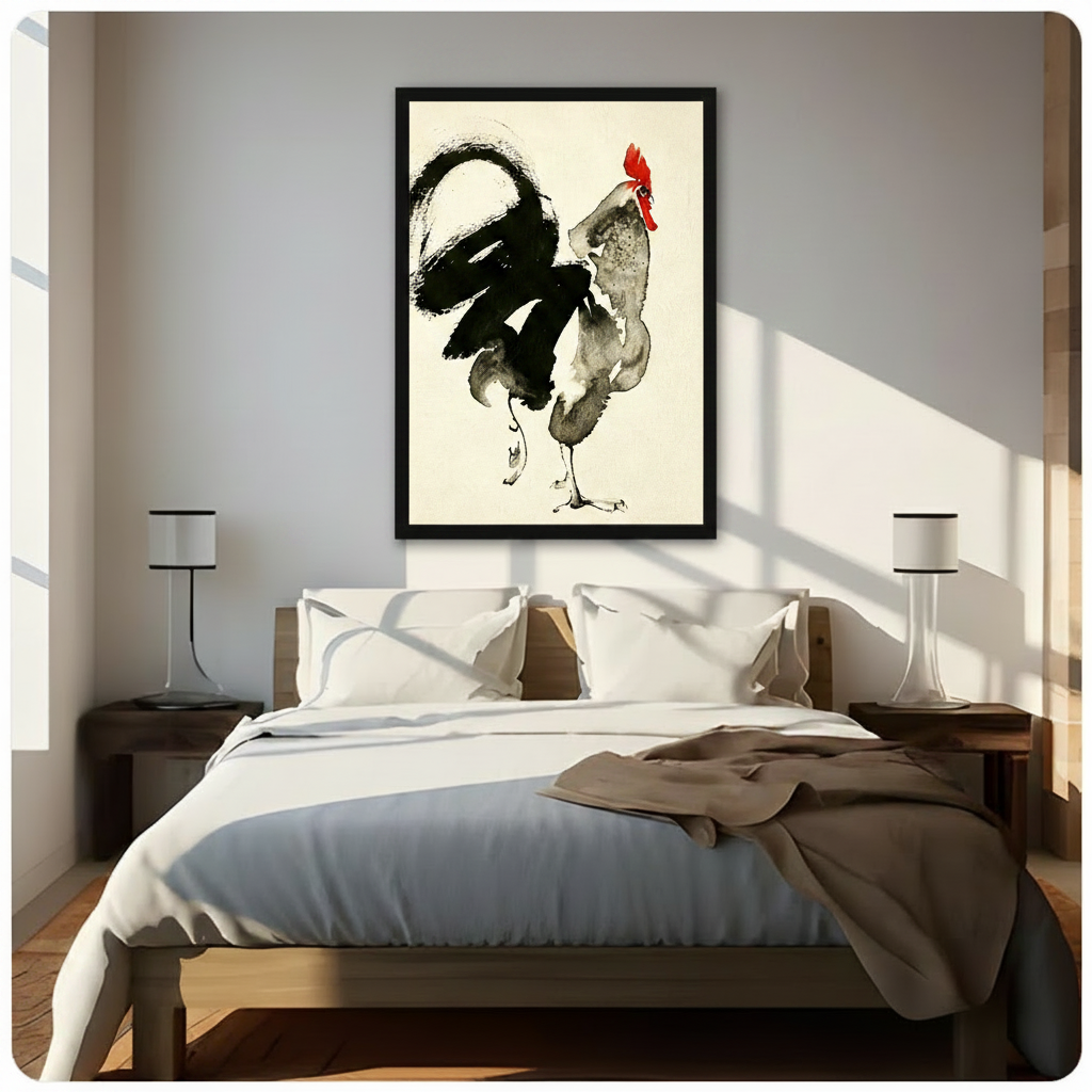 Black framed elegant Chinese ink wash rooster with sweeping black brushstroke tail vivid red comb and softly washed gray body traditional sumi-e canvas wall art on ivory rice paper background hung in warm diagonal sunlight above a dark wood bed with white linen bedding
