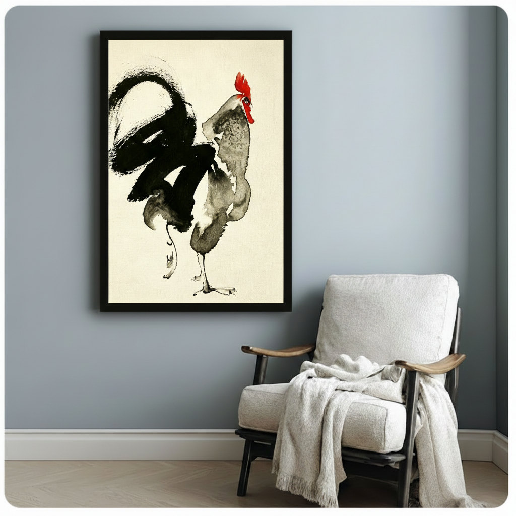 Black framed bold sumi-e rooster with dramatic ink brushstroke tail arc vivid scarlet comb and textured gray wash plumage on antique cream background traditional Chinese painting canvas print displayed on a blue-gray wall next to a white linen armchair with draped cream throw